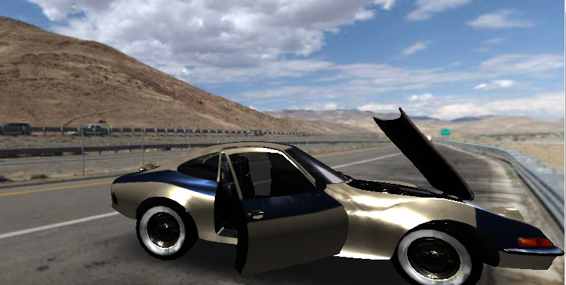 Screenshot of interactive 3D scene containing an animated model of an Opel at a Nevada pull-out