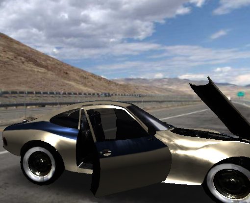 Screenshot of interactive 3D scene containing an animated model of an Opel at a Nevada pull-out